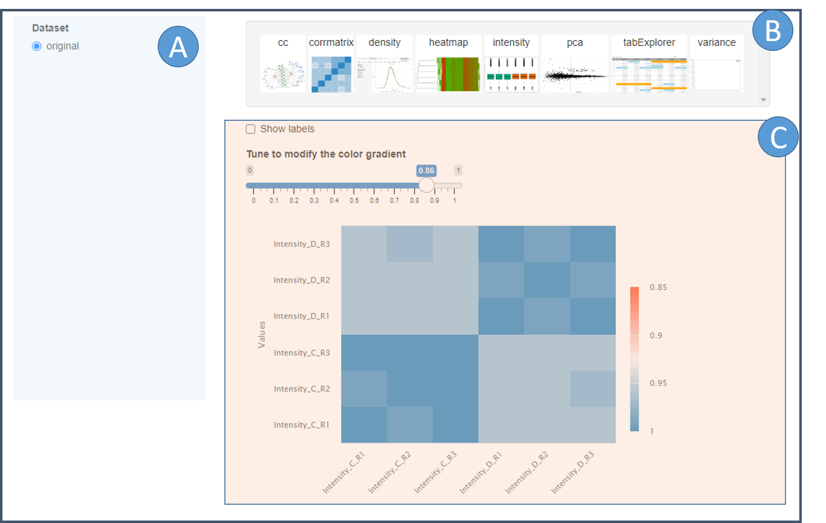 `omXplore` interactive interface with modal.